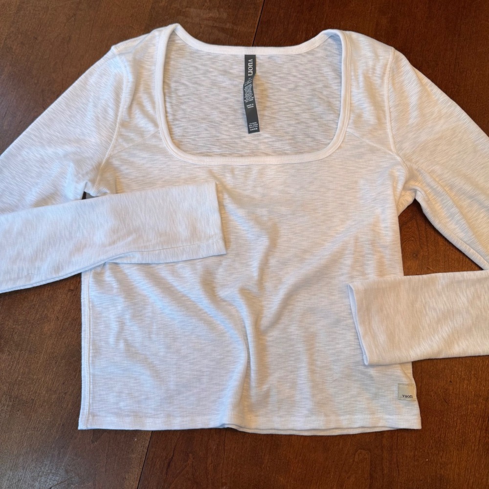 Vuori Top Women XL White Long Sleeve Square Neck Slub Activewear VW1076 Stretch
